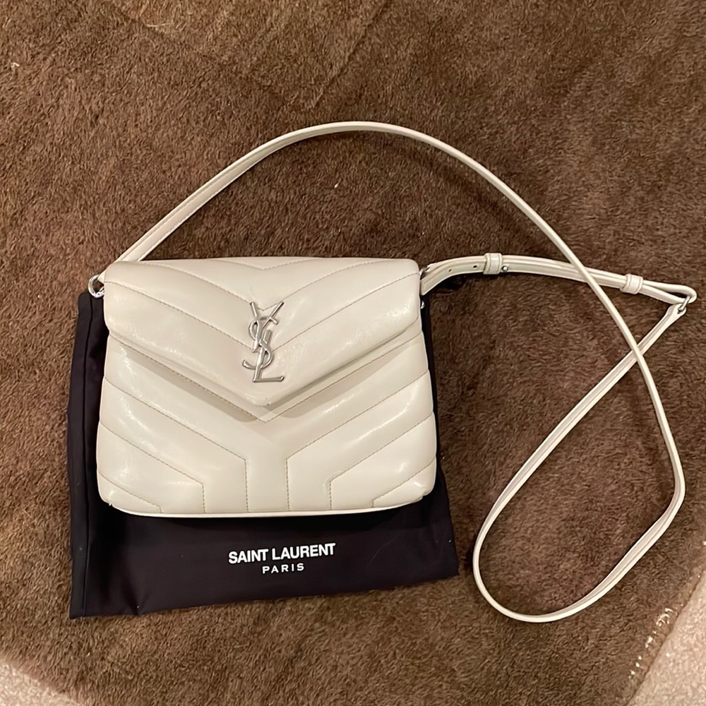 Loulou Monogram YSL Mini V-Flap Calf Leather Crossbody Bag in matte grey